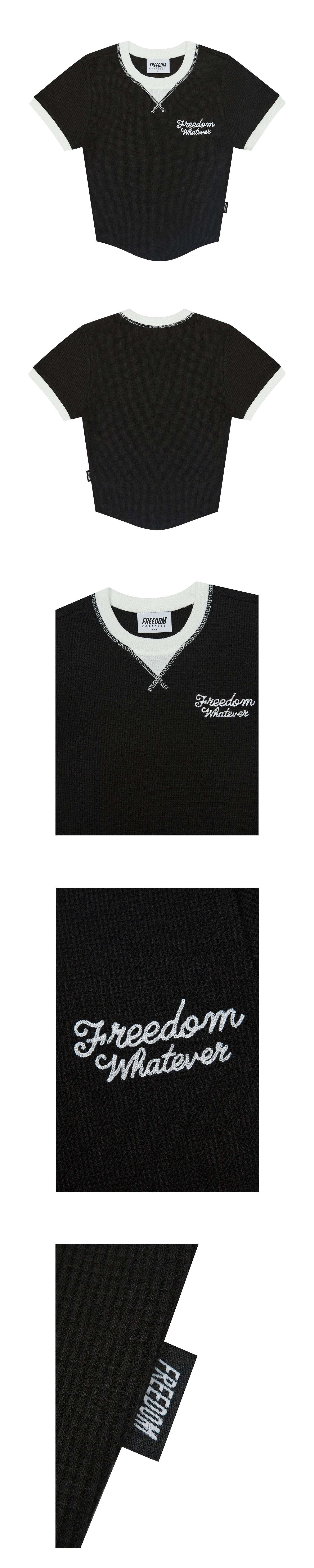 Women's Waffle Ringer Cropped T-Shirt (Black)