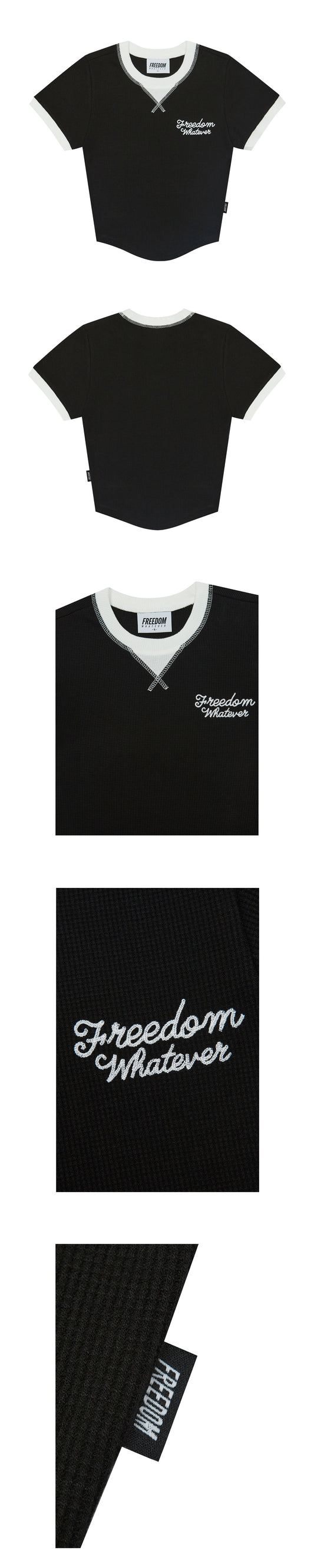 Women's Waffle Ringer Cropped T-Shirt (Black)