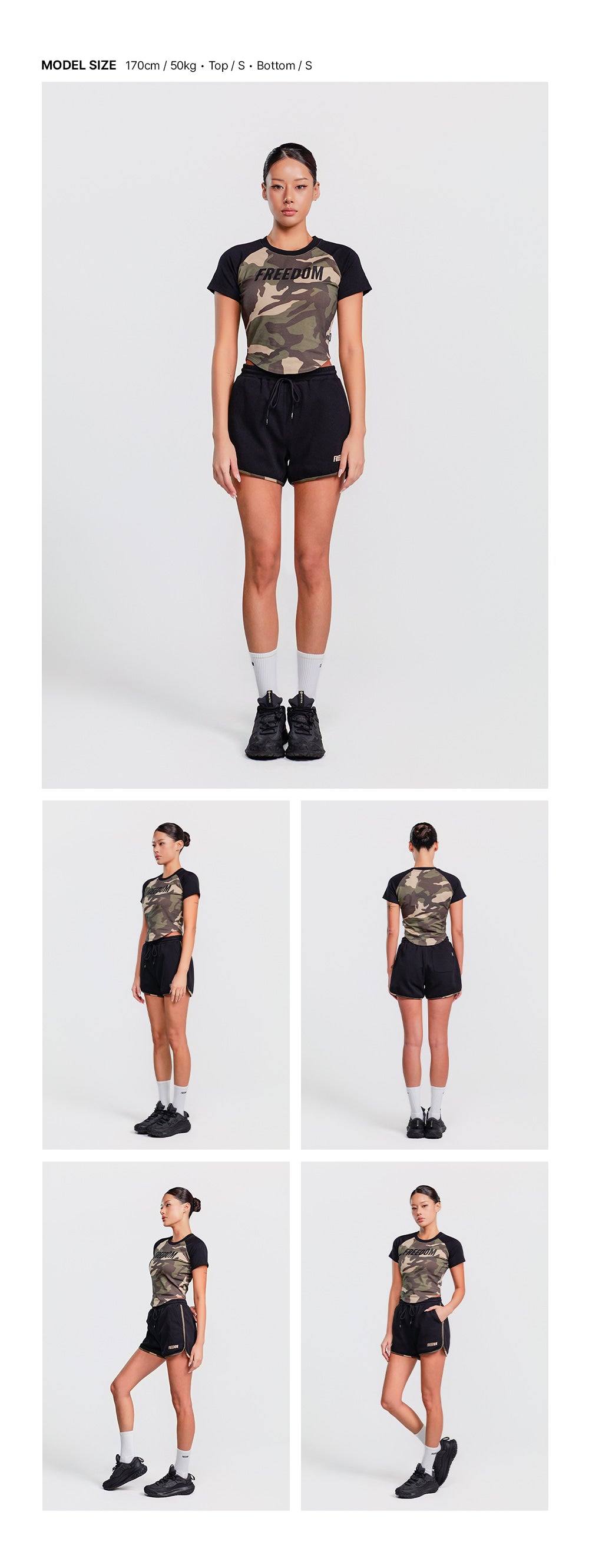 Women's Logo Yeezy Dolphin Shorts (Black Camo) — model wearing the outfit