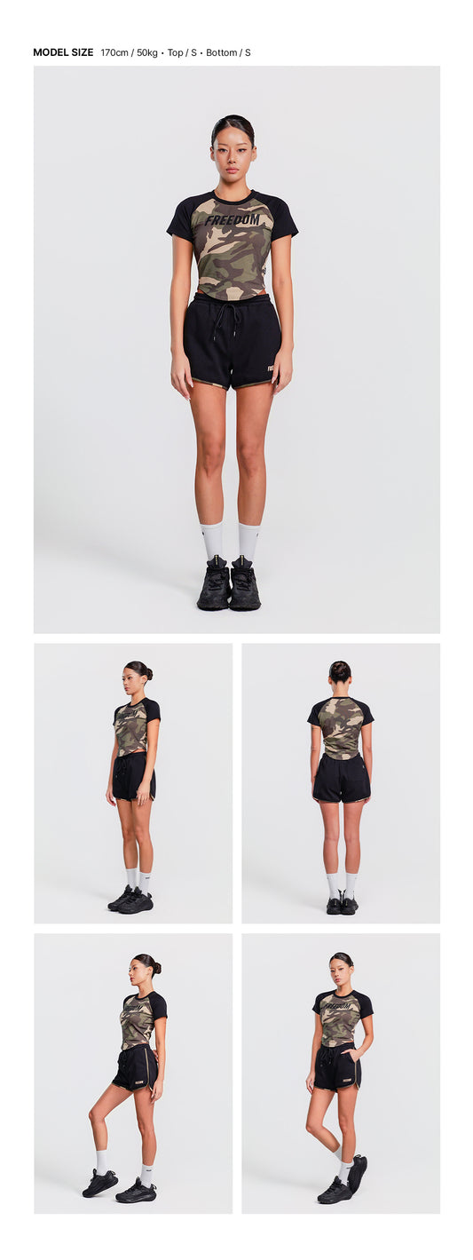 Women's Logo Raglan T-shirt (Black Camo) — model wearing the outfit